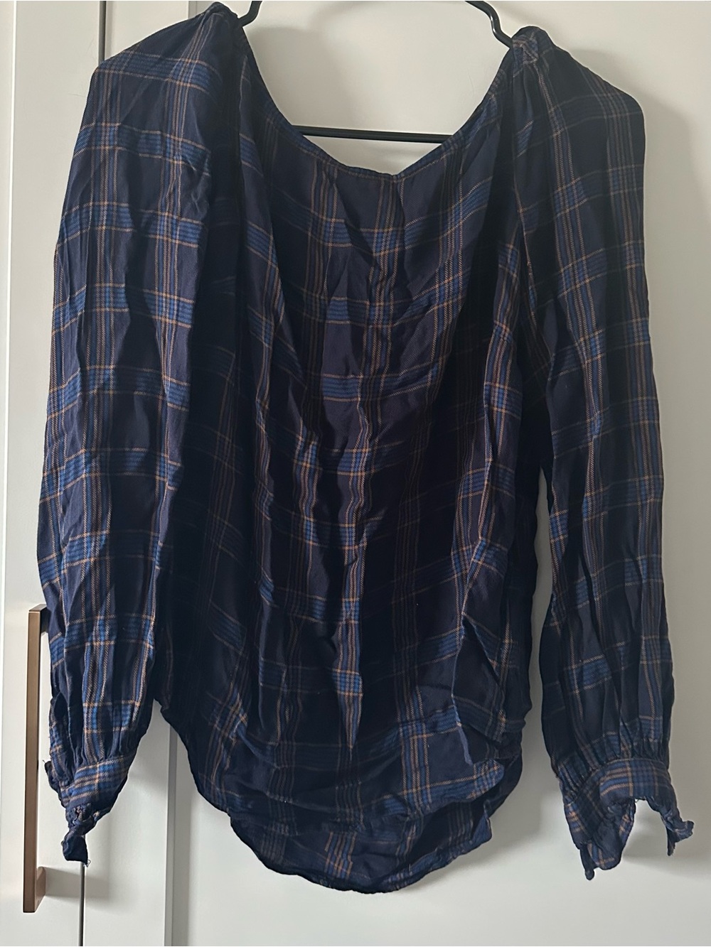 RW&CO. Navy Plaid Long-Sleeve Blouse with Tan Stripes
